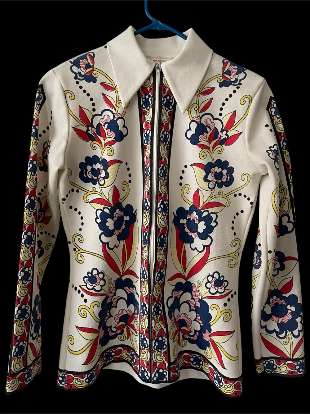 Vintage Polyester 70s Mod Double Knit Top - White with Multicolor Details